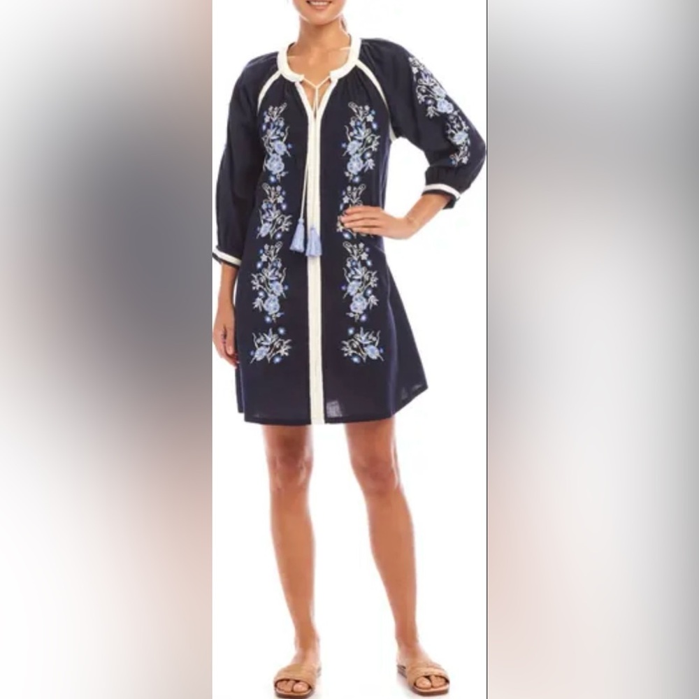 Karen Kane Size Small Blue Embroidered Floral Tasseled 3/4 Sleeve Linen Dress